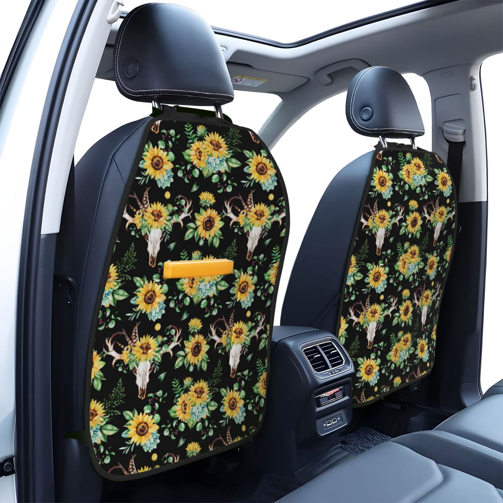 Xecao Sunflower Skull Boho Pattern Car Seat Back Protector 2 Pack Large Capacity Pocket, Kick Mats Back Seat Protector