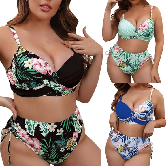 Women's Bikini Set Printed Plus Size Push Up Padded Bra Two Piece Sexy Swimsuit Bathing Suit for Beach Vacation,Black,L