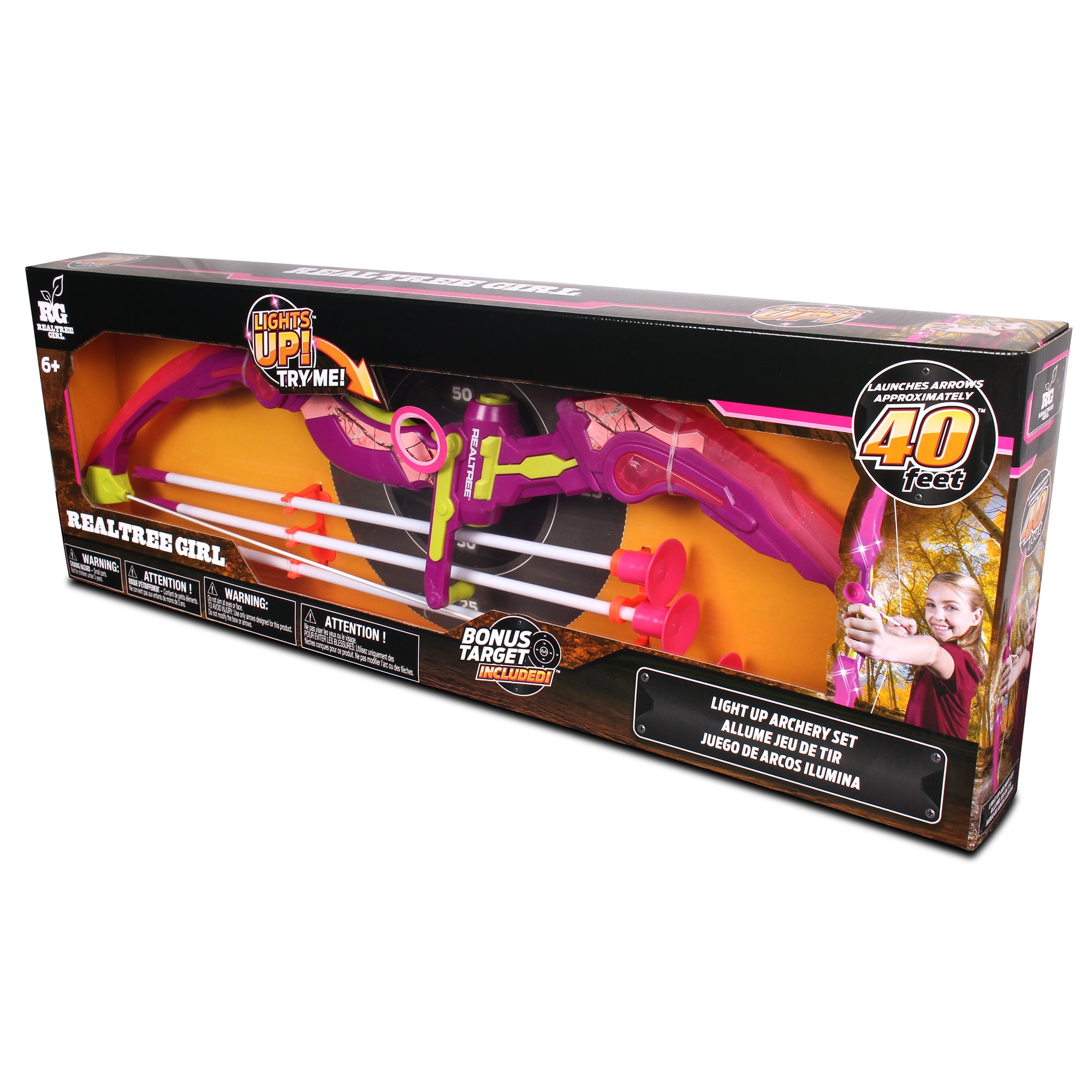 RealTree Girl: Light-Up Archery Set - Pink - NKOK, Bow Lights Up & Flashes Patterns, W/ 3 Suction Tip Arrows, Ages 6+