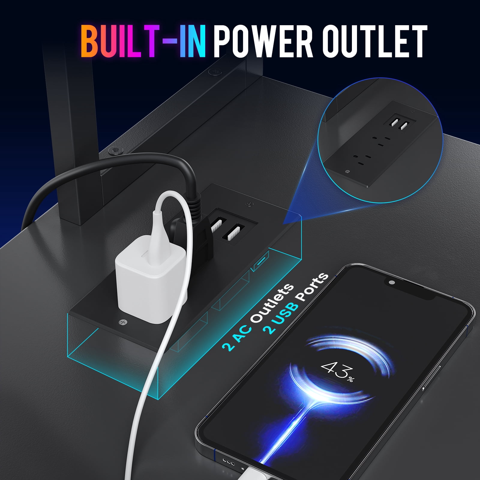 CLOUDREST PTO 53" L-Shaped Gaming Desk, Power Outlets & RGB LEDs, Black