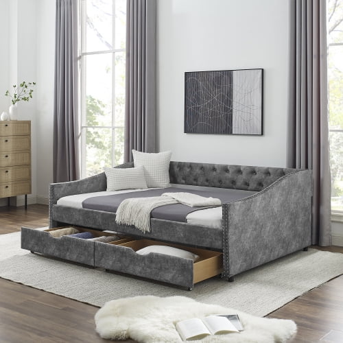 Full Size Daybed with 2 Storage Drawers, Button Tufted Upholstered Sofa Bed with Nail Head Trim