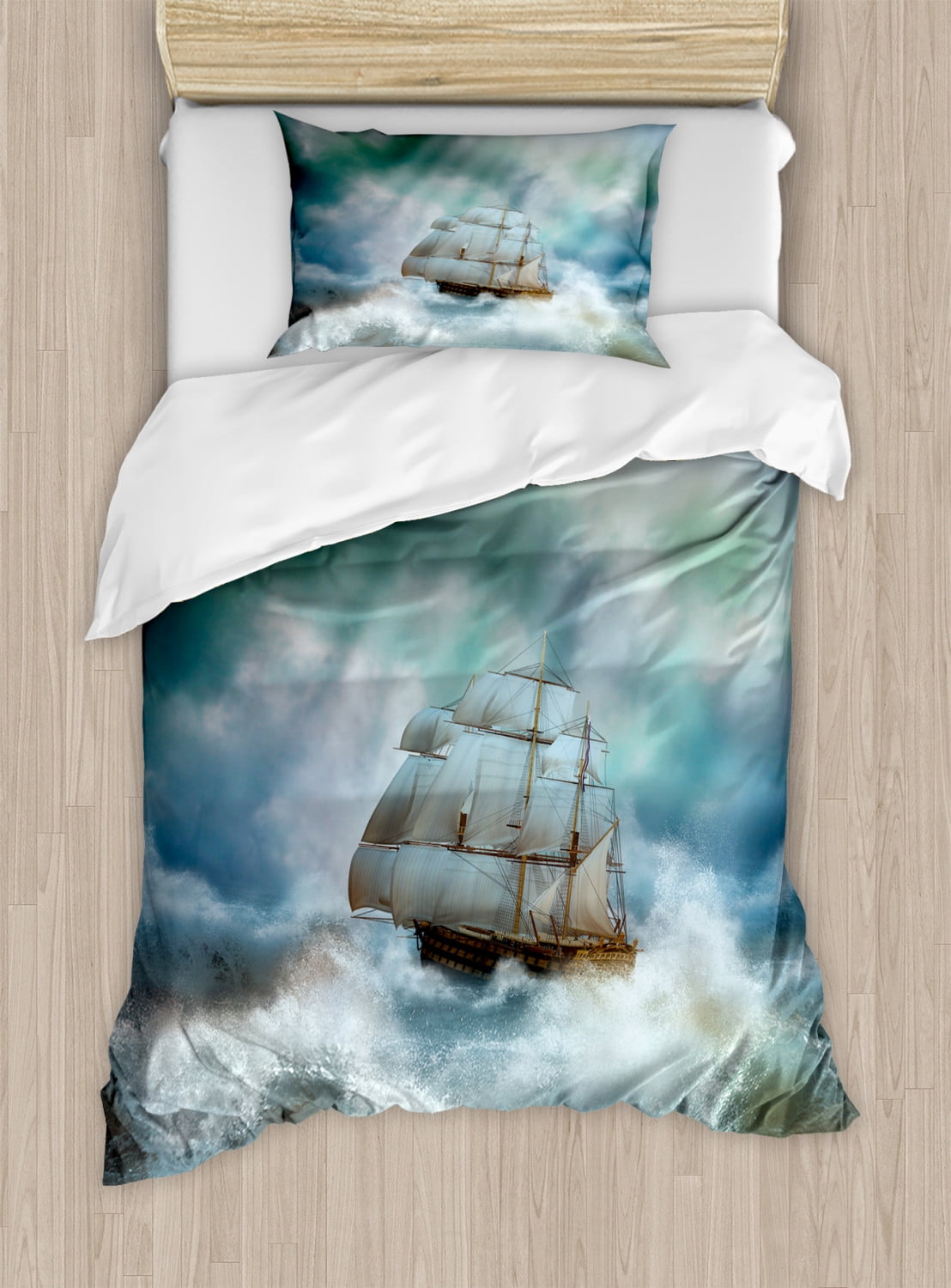 Ocean Duvet Cover Set Twin Size, Majestic Nautical Sealife and Pirate