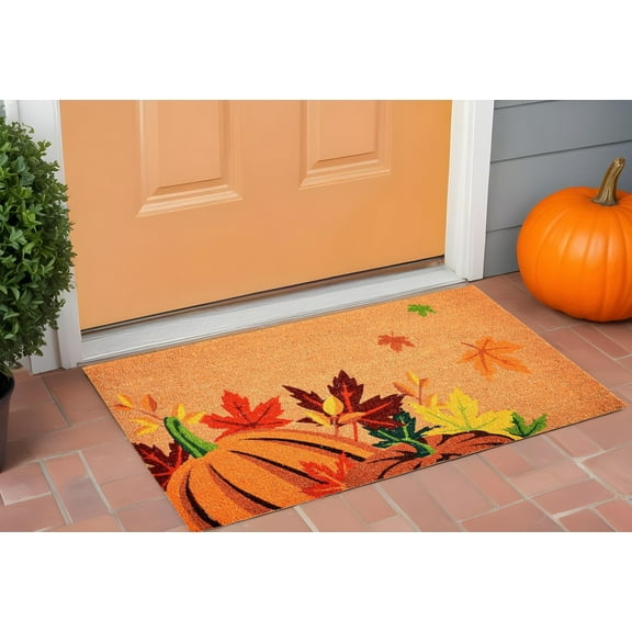 HomeRoots 555262 17 x 29 in. Natural Orange & Green Coir Pumpkins & Leaves Outdoor Fall Door Mat