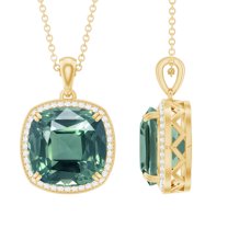 Rosec Jewels Cushion Cut Lab Grown Green Sapphire Pendant with Moissanite Halo for Women, 10K Yellow Gold