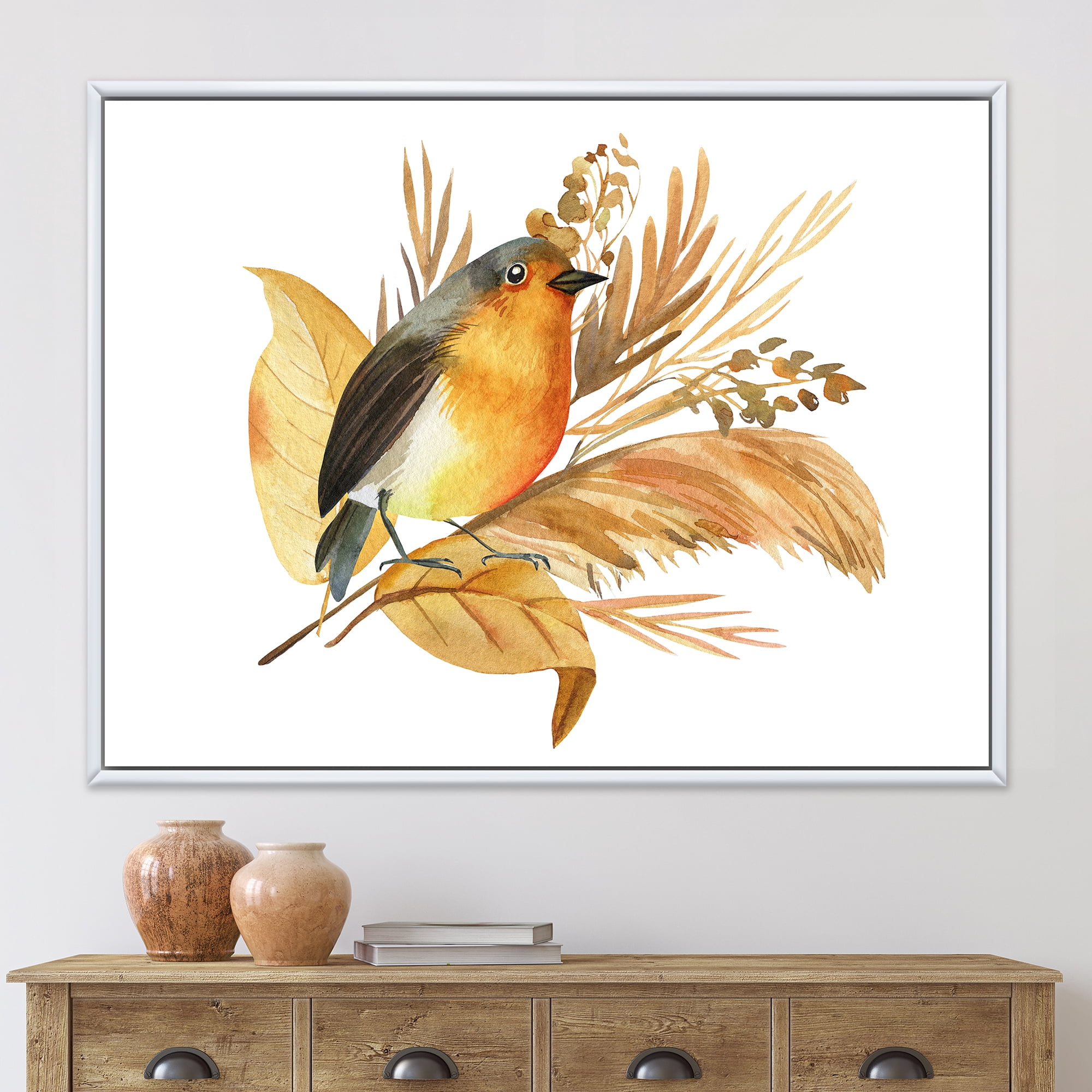 Designart 'Autumn Flowers and Robin Bird' Traditional Framed Canvas Wall Art Print