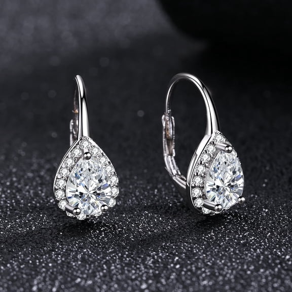 Sterling Silver Pear Omega Lever-back Halo Earring with Simulated Diamonds