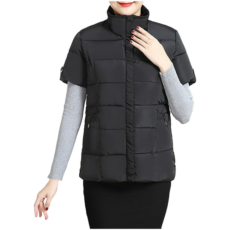 nsendm Womens Thickened Bread Cloth Warm Winter Stand Collar Short Sleeve  Solid Color Padded Jacket Women Embroide Coat Black 4X-Large 