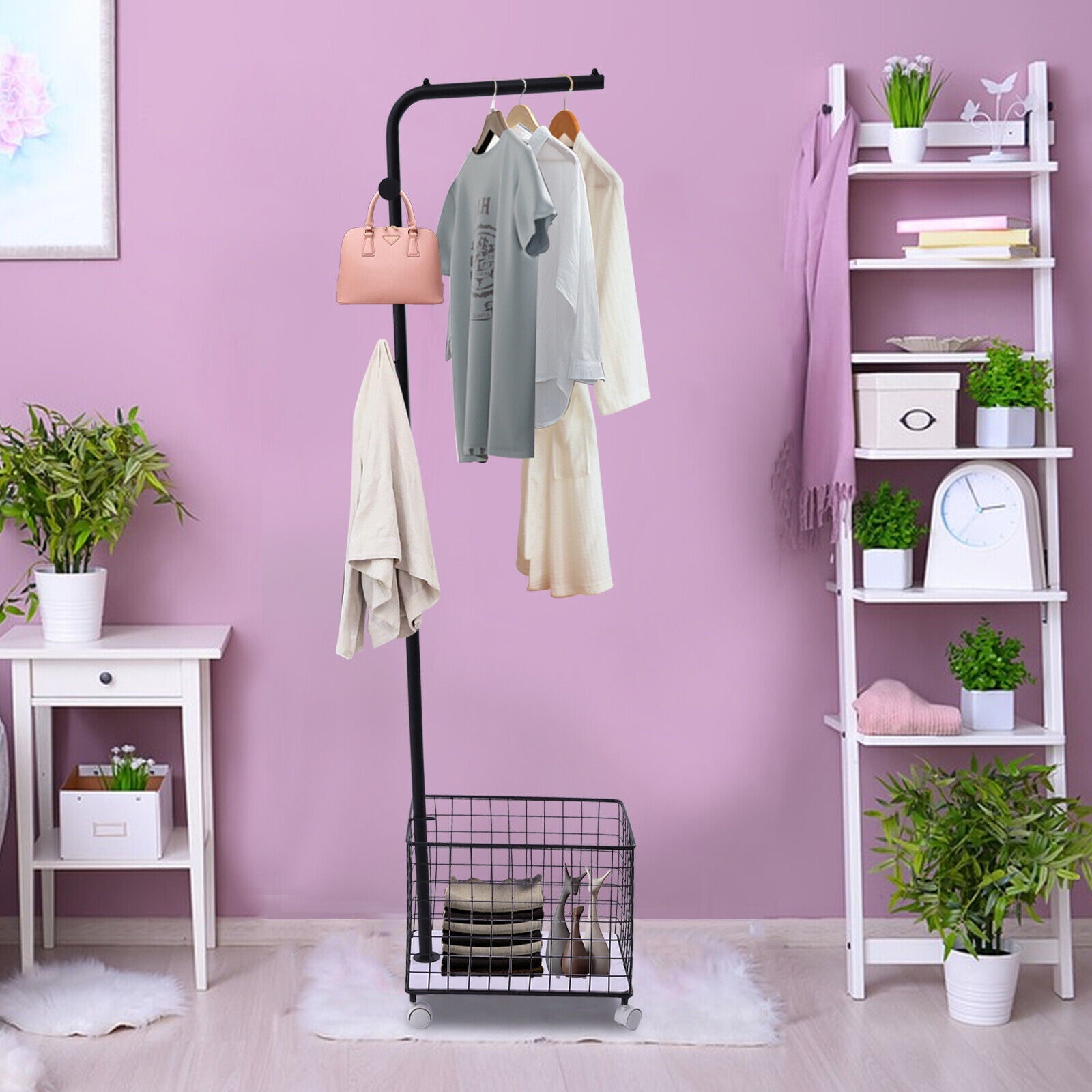 Modern Metal Standing Coat Hat Rack Entryway Standing Storage Shelf W/ Storage Basket