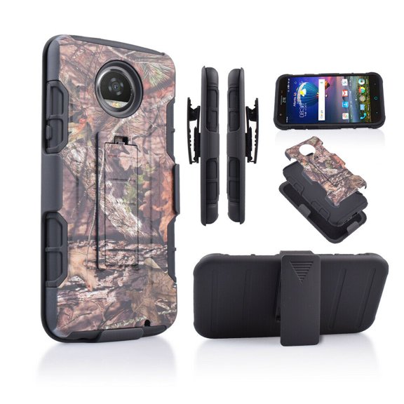 For 5.5" Motorola Moto Z2 Force, Moto Z2 Play Built-in Kickstand 3-Layer Protections Hard Back Cover Shockproof Resistant Belt Clip Heavy Duty Armor Impact Bumper Phone Case [Camoforest]