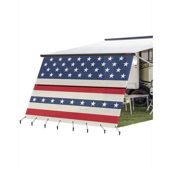 4th of July RV Awning Sun Shade Screen 9'X15.3' American Flag Mesh Sunscreen Patriotic Stars Stripes Red White Blue Awning Shade Screen with Zipper UV Blocker Completed Kits for RV Motorhome Camper