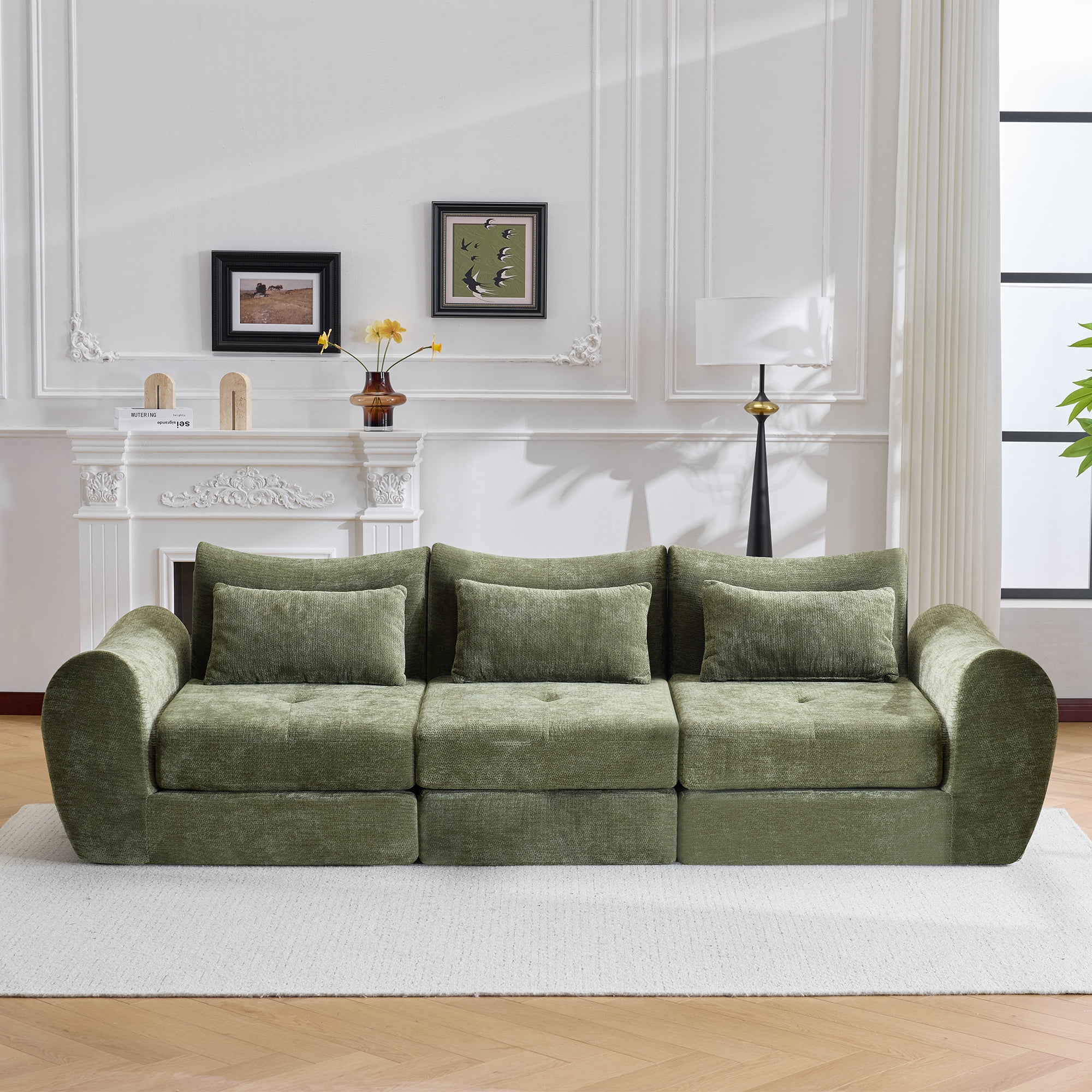 BSHTI 101.58" Chenille Modular Cloud Sofa, Comfortable Sectional Sofa with Convertible Folding Design for Living Room（Green）