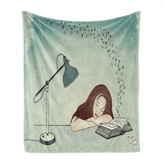 Cartoon Soft Flannel Fleece Throw Blanket, Young Woman Asleep on Her Desk Along Open Book Grad School Academic, Cozy Plush for Indoor and Outdoor Use, 50" x 60", Maroon and Almond Green, by Ambesonne