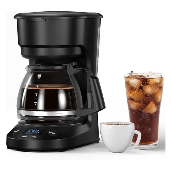 Compact Coffee Maker 5 Cup, Drip Coffee Machine with Timer, Auto Shut-Off, Pause & Brew, Reusable Filter, Black