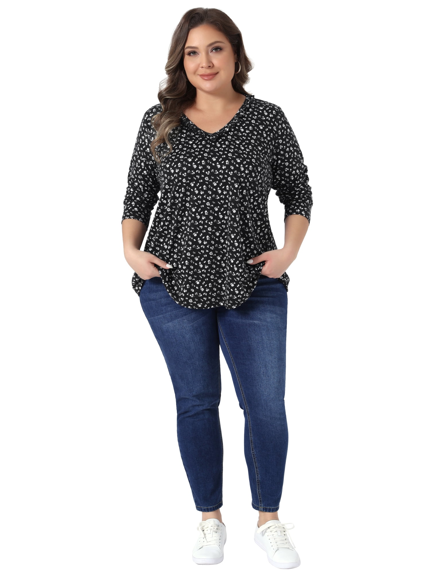 DARING DIVA Women's Plus Floral V Neck Long Sleeve Ruffle Blouses 3X Black White