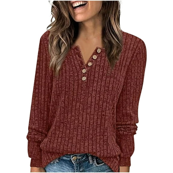 Hvot&aat Womens Long Sleeve Ribbed Knit Sweater Button Down V Neck Tunic Tops Business Casual Blouses