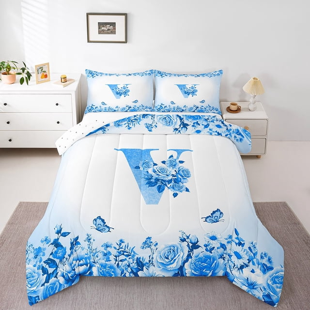 Erosebridal Letter Initial Bedding Twin Comforter Set,Monogrammed Personalized Down Comforter,Flower Decor,Reversible,Lightweight,2-Piece