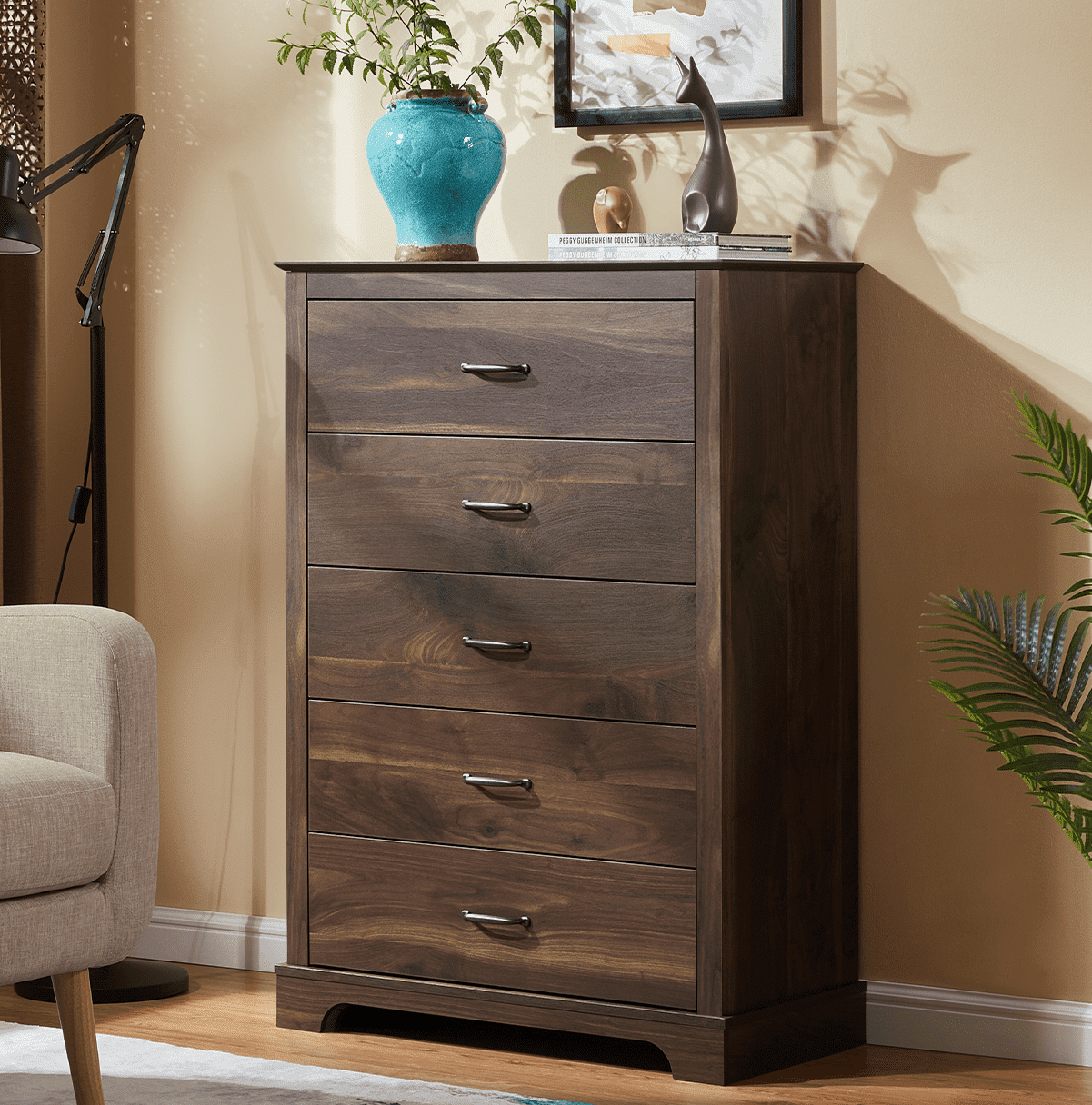CHITOOMA 5 Drawer Dressers for Bedroom, Adult Tall Wooden Chest of Drawers, Storage Cabine for Living Room Entryway, Walnut
