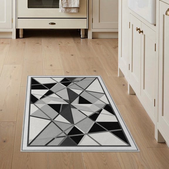 ODIKA 3'x5' Washable Area Rug Non-Slip, Flatweave, Easy Care Geometric Monochrome Intersecting Shapes Minimalist Border Grey for Hallway, Laundry Room