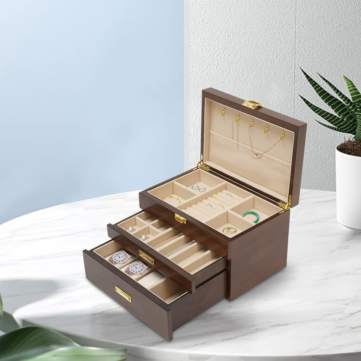 Vintage Wooden Jewelry Box for Women 3 Layers Jewelry Box Organizer Rustic Jewelry Case Cabinet for Earrings Rings Necklace Bracelet (Black Walnut )