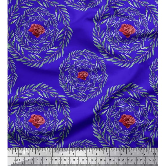 Soimoi Blue Japan Crepe Satin Fabric Floral & Laurel Leaves Print Fabric by The Yard 44 Inch Wide