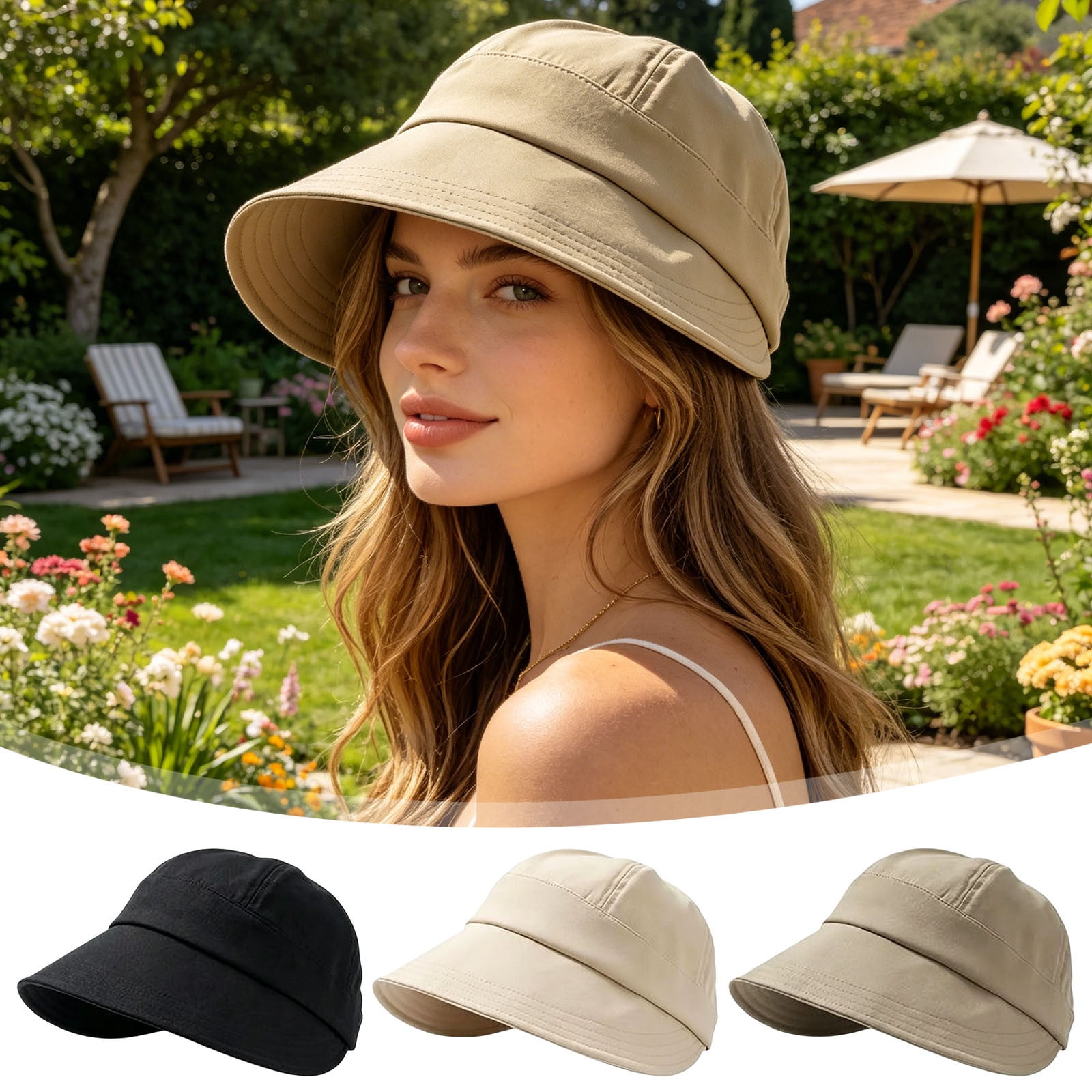 UNLLLL Summer Sun Protection Hat, Wide Brim Bucket Hat with Breathable Canvas, Casual Visor Cap for Outdoor Activities, for Gardening Hiking Beach and Daily Wear (Khaki)