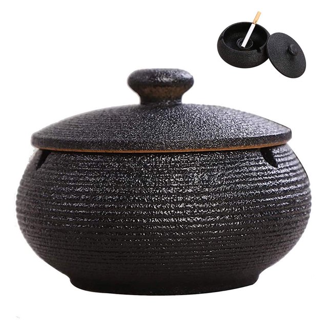 Cenicero de cerámica con tapas, resistente al viento, cenicero para uso en interiores o exteriores, cenicero para fumadores, cenicero de escritorio para decoración de hogar y oficina Xemadio 2034587-2