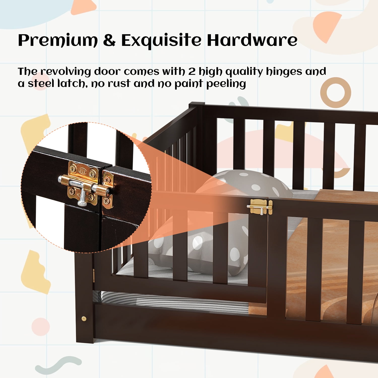 Queen Floor Bed for Children, Sturdy Wood Montessori Bed Frame with Wood Slats, Fence & Door, Montessori Floor Bed for Girls and Boys, Espresso