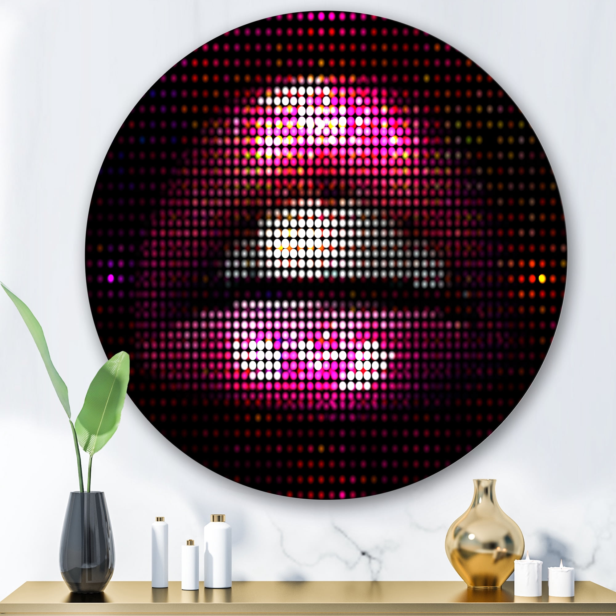 Designart 'Detail Of Pixellated Pink Woman Lips' Modern Circle Metal Wall Art 29x29 - Disc of 29