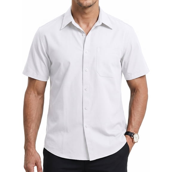 Short Sleeve Mens Dress Shirts Casual Solid Shirts for Men Regular Oxford White Tops with Pocket