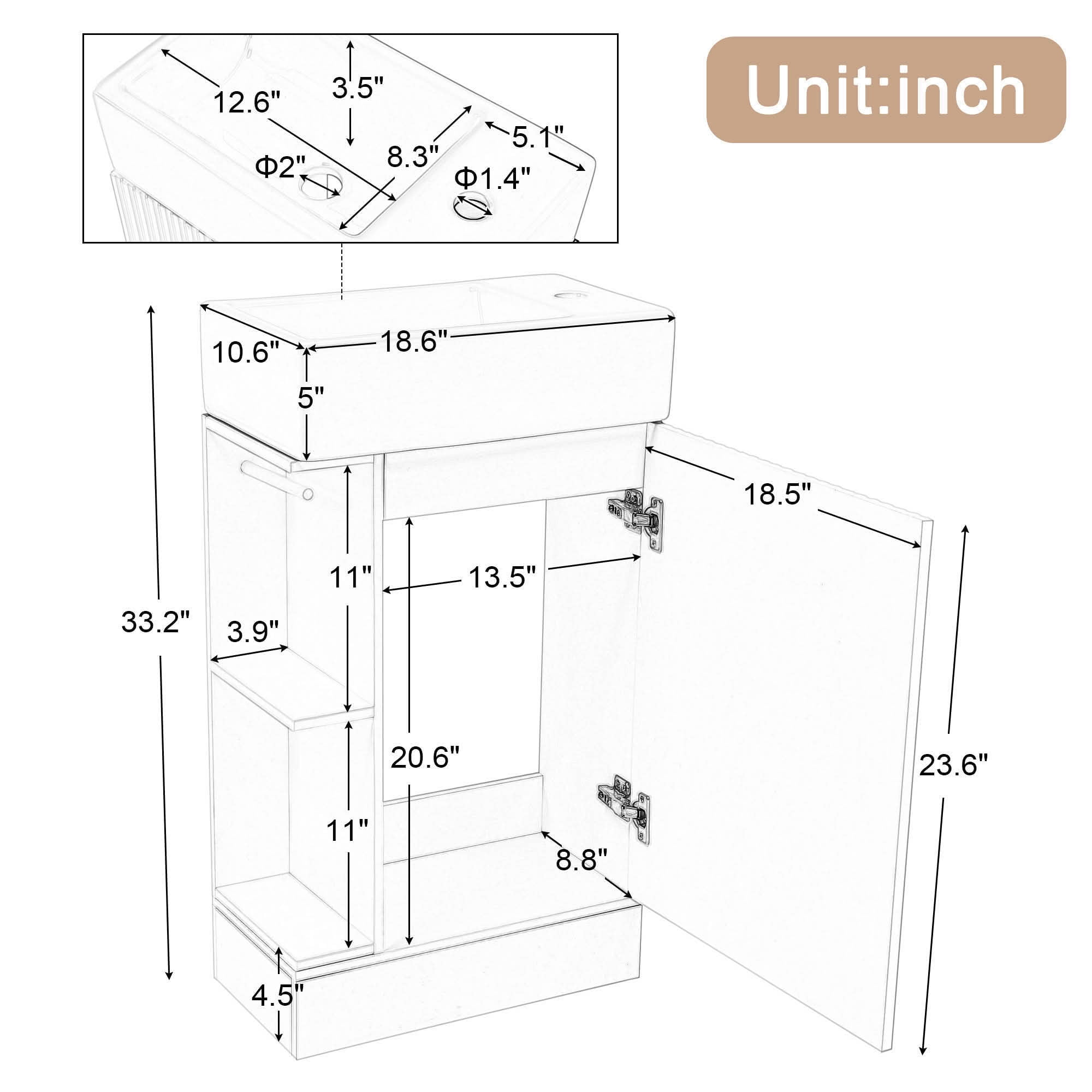 MAYEERTY 18.6" Bathroom Vanity with Sink 2-tier Shelf Left Right Orientation White