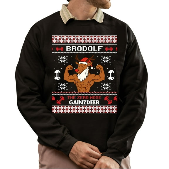 Christmas Sweatshirt, Brodolf The Gainzdeer Christmas Sweatshirt, Funny Muscular Reindeer Ugly Holiday Jumper, Festive Gym Lover Gift for Weightlifters & Fitness Fans