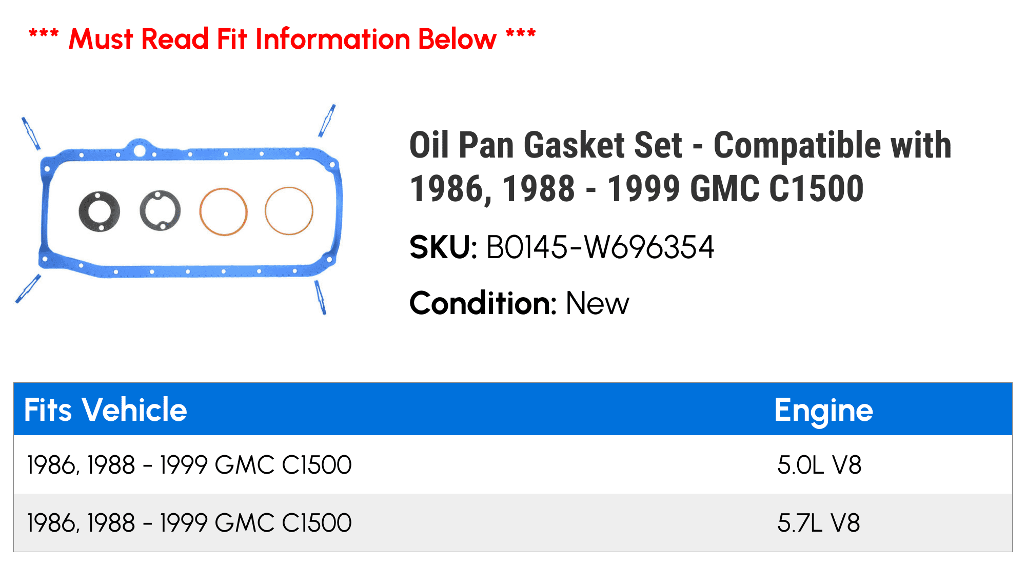 Oil Pan Gasket Set - Compatible with 1986, 1988 - 1999 GMC C1500 1989 1990 1991 1992 1993 1994 1995 1996 1997 1998
