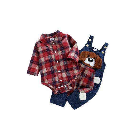 BemeyourBBs Baby Boy Jeans Clothes Infant Spring Fall Winter Outfits Long Sleeve Plaid Bodysuit Romper Jeans Puppy Dog Overalls Jumpsuit Pants Sets