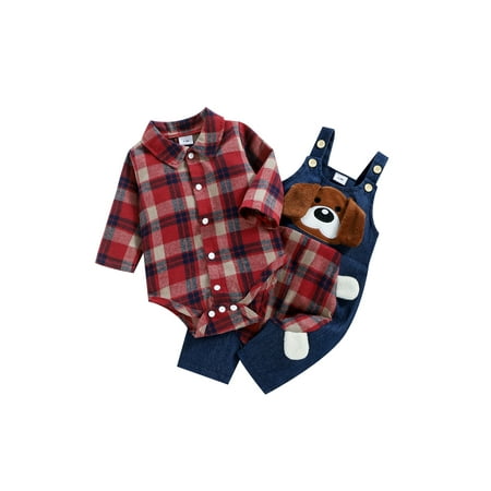 

Xingqing 0-18Months Newborn Baby Boys Puppy Outfit Buffalo Plaid Button Down Romper Overalls Suspender Jeans Red 0-3 Months