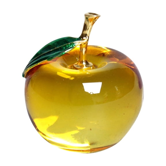 1.9 Inch Yellow Crystal Apple Figurine – Glass Fruit Sculpture with Gold Stem,Paperweight,Home Office Desk Decoration,Holiday Tabletop Ornament
