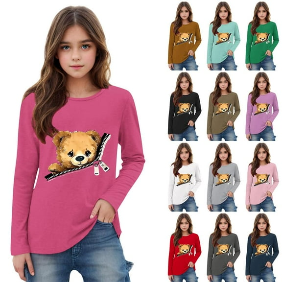 WRKEKC Girls Long Sleeve T-Shirts, Boys Long Sleeve Shirts, Boys' and Girls' Long Sleeve Bear Print Cute Crew Neck Casual Tops