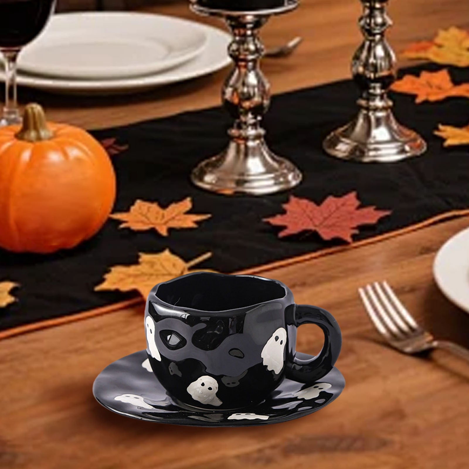 Halloween Mug, Ceramic Tea Cup and Saucer Set with Jack-O'-Lantern
