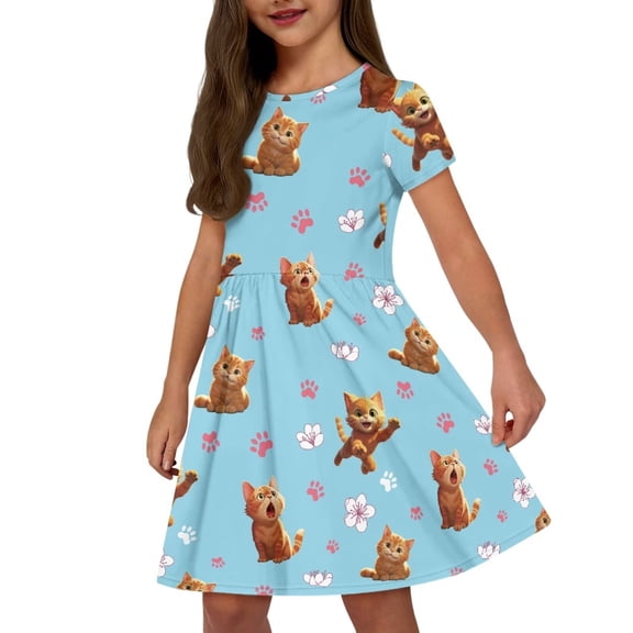 Uourmeti Cats Short Sleeve Swing Dress for Teen Girls Summer Cute Crewneck Knee Length Dresses Lightweight Soft Wedding Party Dress with Pockets