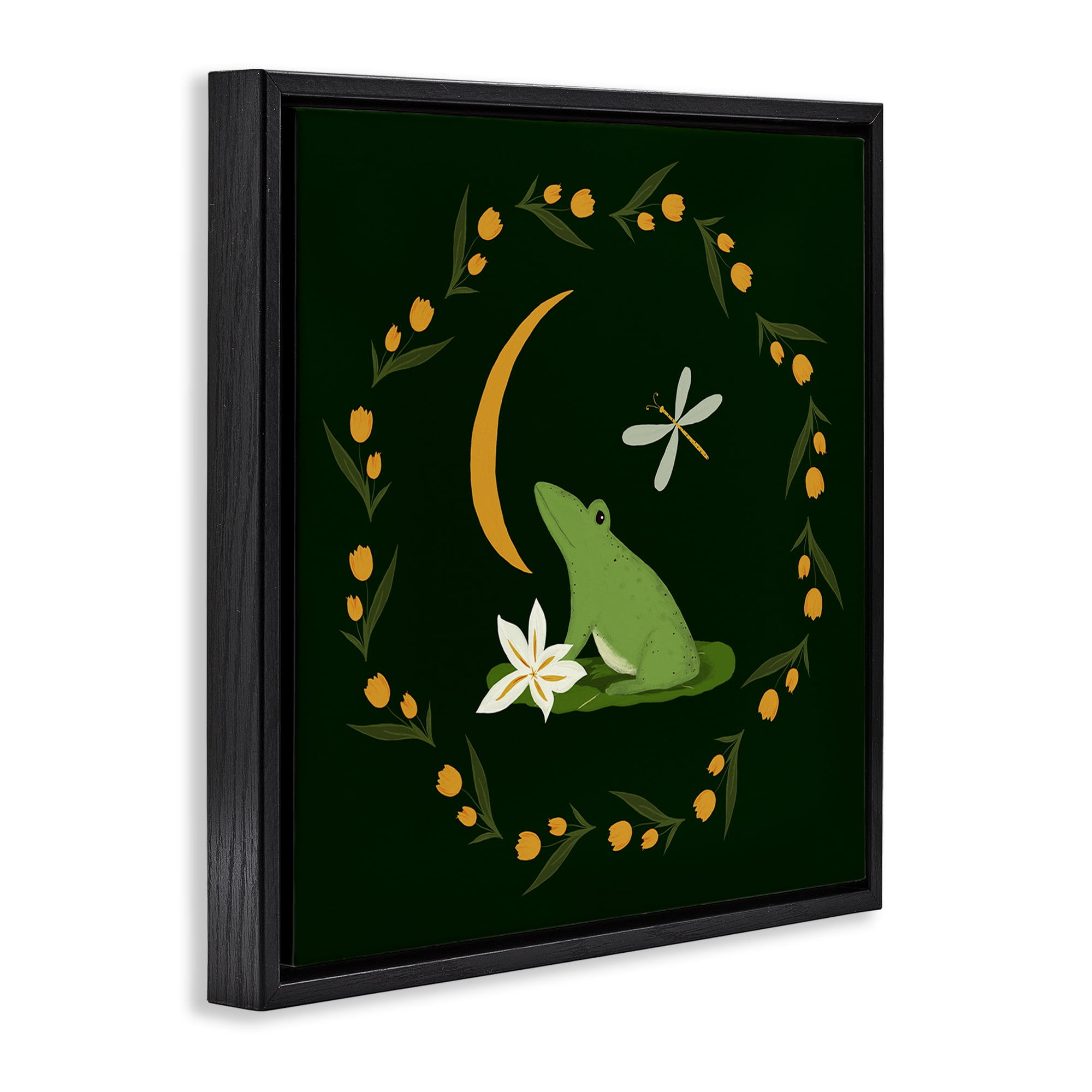 Stupell Industries Frog & Moon Garland Animals Painting Black Floater Framed Canvas Art Print Wall Art, 18 x 18