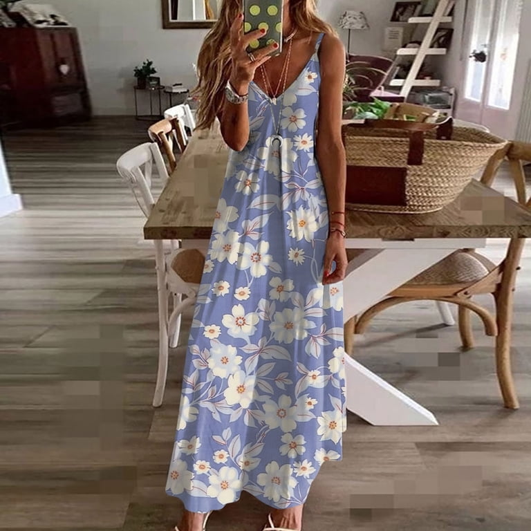 Fancifize Women's Summer Boho Long Maxi Dress Sleeveless Floral Print Dress  Casual V Neck Flowy Beach Dress S-3XL - Walmart.com