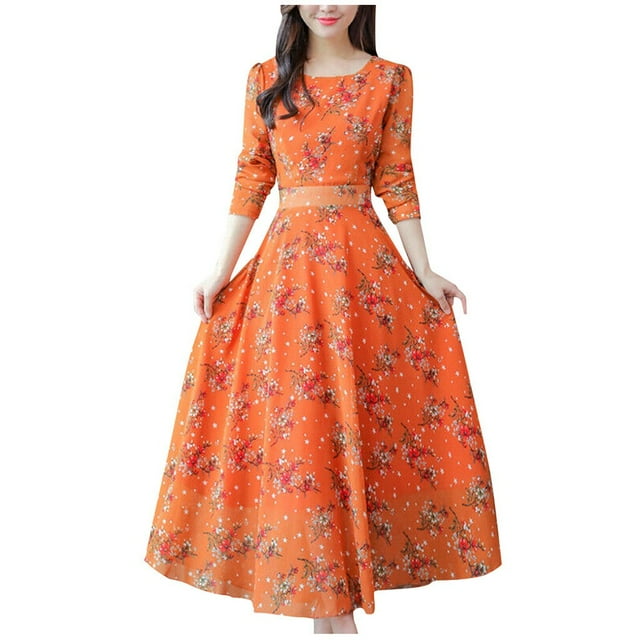 Robe Maxi à Manches Longues Femme Robe de Plage Florale Robe Décontractée à Manches Longues Fête Vintage Boho
