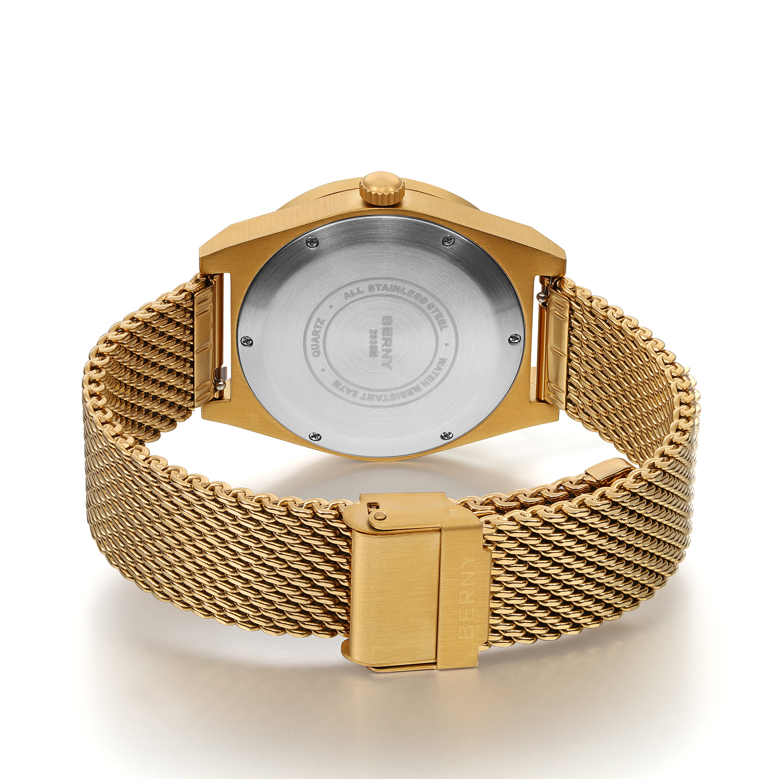 BERNY Gold Watches for Men, Classic Vintage Quartz Analog Watch with Day & Date Calendar, Stainless Steel Mesh Band, Luminous, Waterproof, Fashion Sport Casual Men's Wristwatch (Gold)