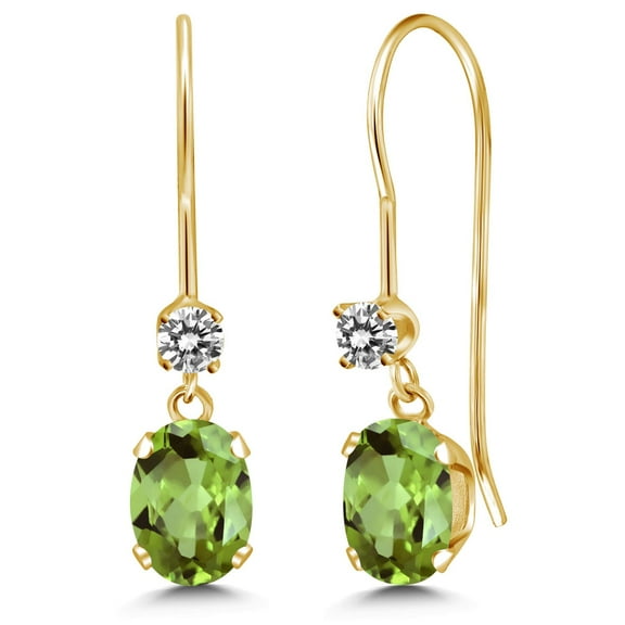 Gem Stone King 14K Yellow Gold Green Peridot and White Diamond French Wire Dangle Earrings for Women (1.13 Cttw, Gemstone August Birthstone, Oval 6X4MM and Round 2.5MM)