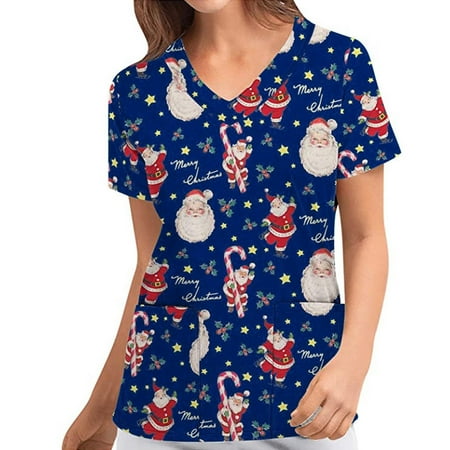 

Mchoice Women s Christmas Costume V-Neck Short Sleeve Nursing Uniform Xmas Printed Workwear Holiday Casual Graphic Tees Blouse Scrubs Tops with Pockets