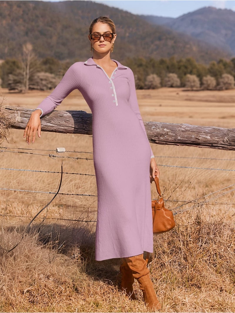 Women'S Long Sleeve V Neck Sweater Dress Button Ribbed Knit Slim Fit  Elegant Maxi Dresses Light Purple M - Walmart.com