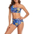 thumbnail image 2 of Traje de baño de poliéster con cintura alta y control de abdomen, azul/amarillo, para fiestas y spa, conjunto de bikini con volantes florales XL, 2 of 6