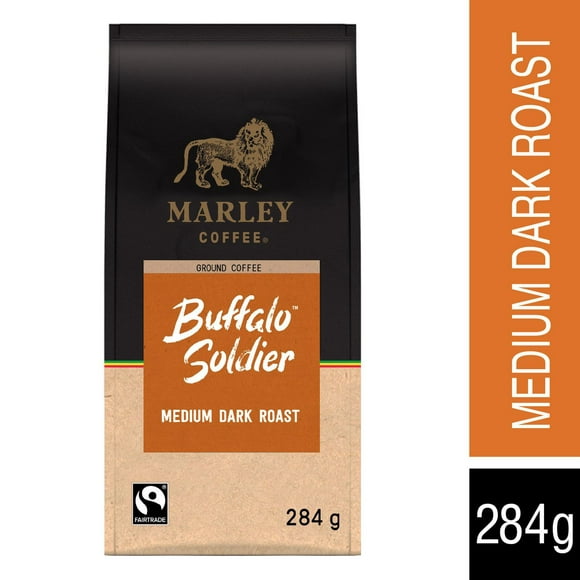 Café moulu Marley Coffee Buffalo Soldier, torréfaction moyenne-foncée, sac de 284 grammes Café torréfié moyennement foncé.