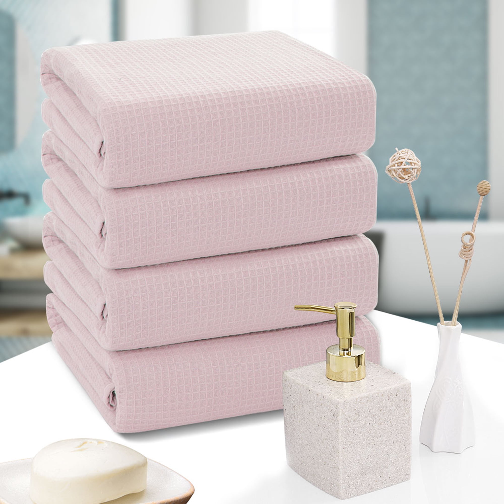 4pcs Thick Waffle Weave Bath Towels Odor Resistant 100 Cotton 27x54in