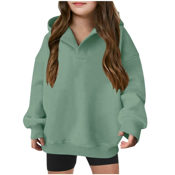 Odeerbi Kids Girls Hoodies Solid Color Pullover Hooded Sweatshirts Children's Pattern Printed Round Neck Long Sleeve Hooded Sweatshirt Green