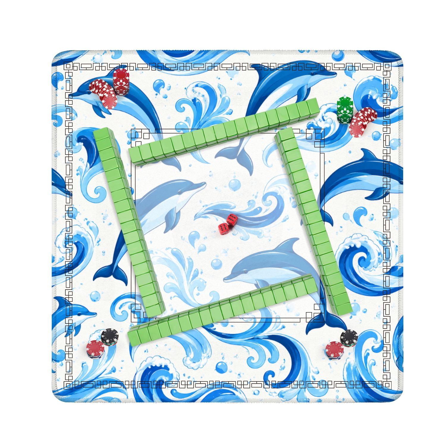 Mahjong Mat 31.5" x 31.5" Blue Dolphin Ocean Wave Seamless Coastal Nautical Style Non-Slip Noise Reduction American Mahjong Tiles Table Cover for Dominoes Poker Card Board Games Gift